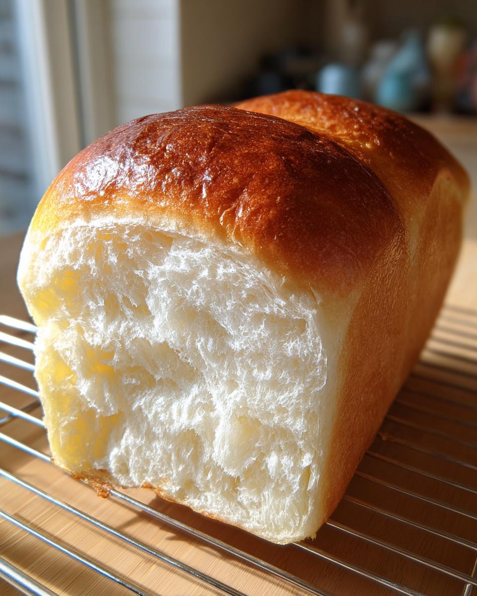 A freshly baked loaf of Japanese milk bread with a rich golden crust and a visible, incredibly soft, white interior crumb.