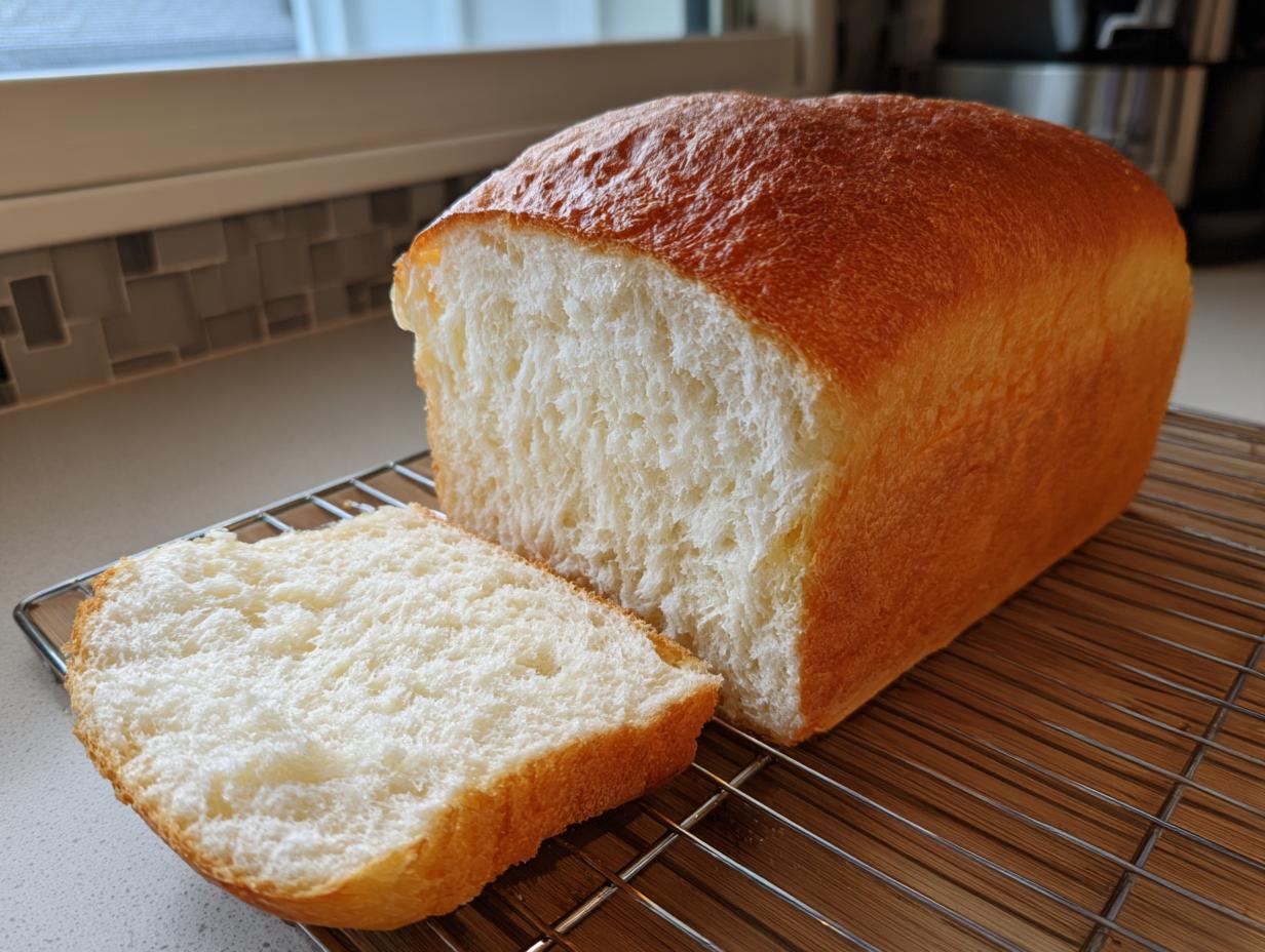 A freshly baked loaf of Japanese milk bread, golden brown on the crust, with one fluffy slice resting beside it on a cooling rack.