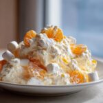 A close-up of a creamy mandarin orange salad mixed with marshmallows, served in a white bowl.