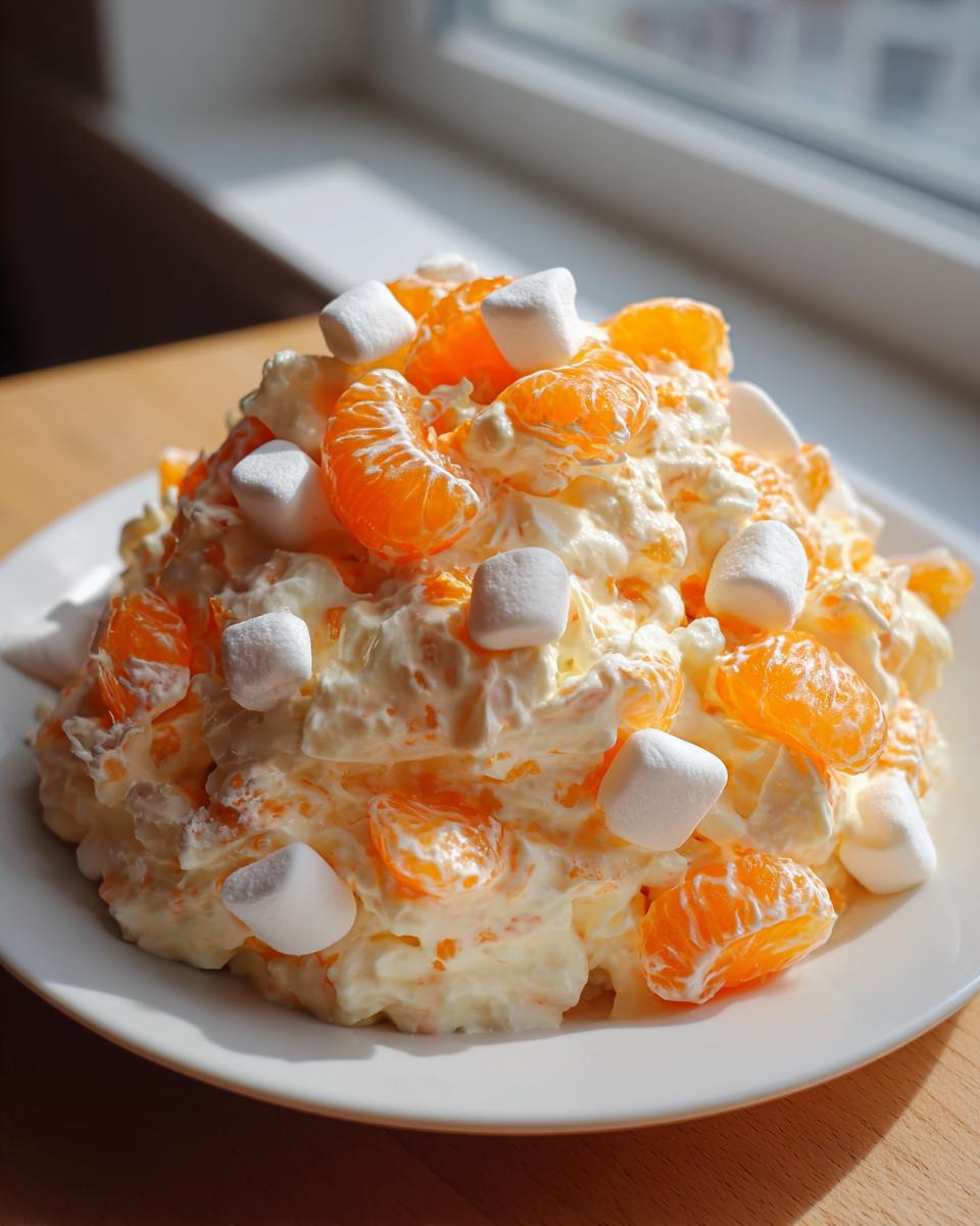 A mound of creamy mandarin orange salad topped with bright orange segments and mini marshmallows.