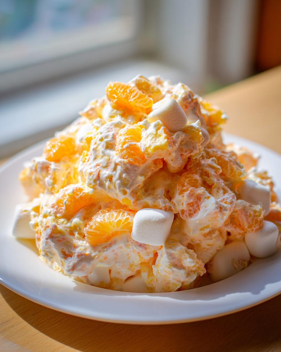 A close-up of a fluffy mandarin orange salad mixed with creamy dressing and topped with mini marshmallows.