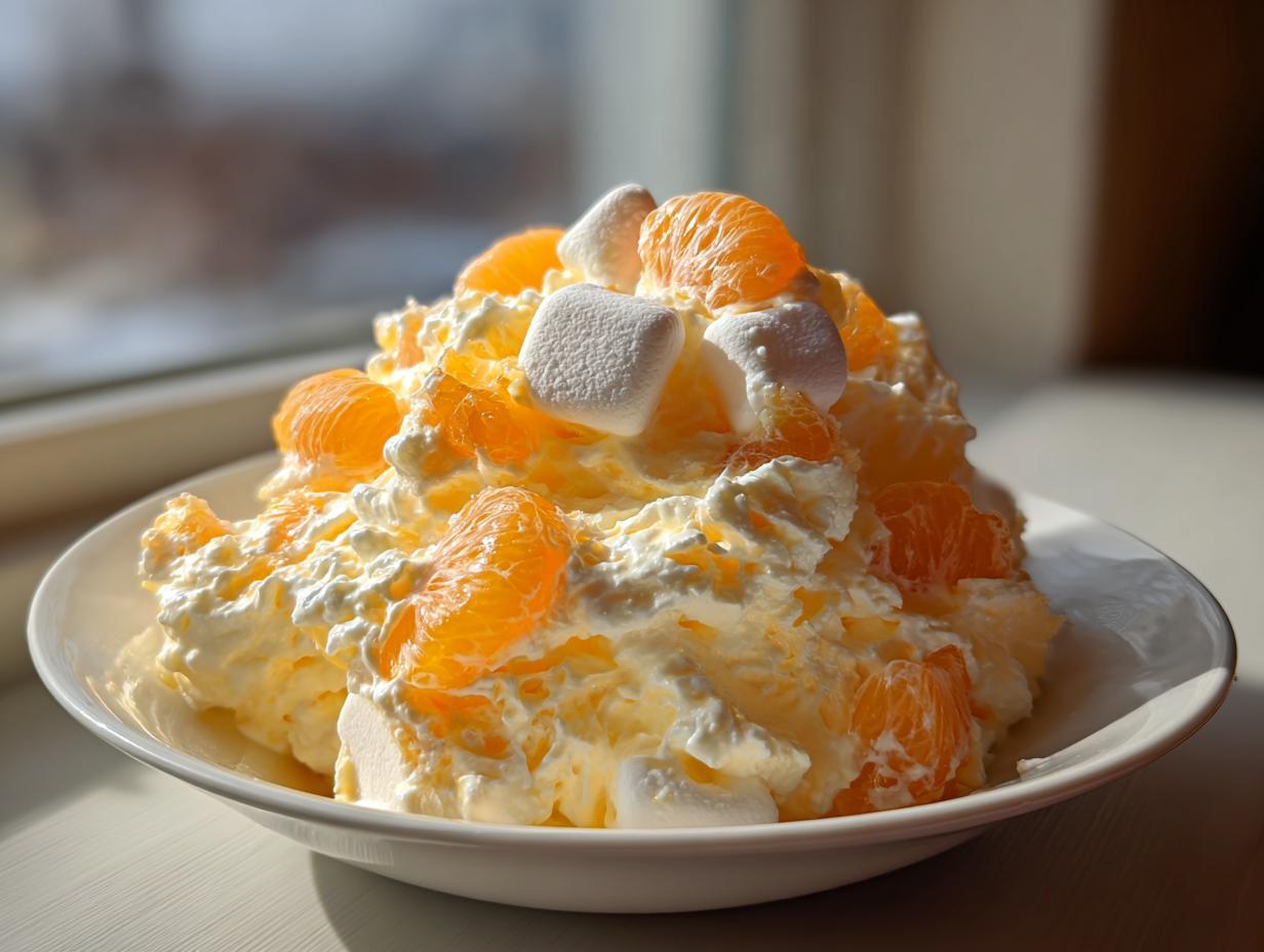 A bowl of creamy mandarin orange salad mixed with whipped topping and topped with fresh mandarin segments and marshmallows.