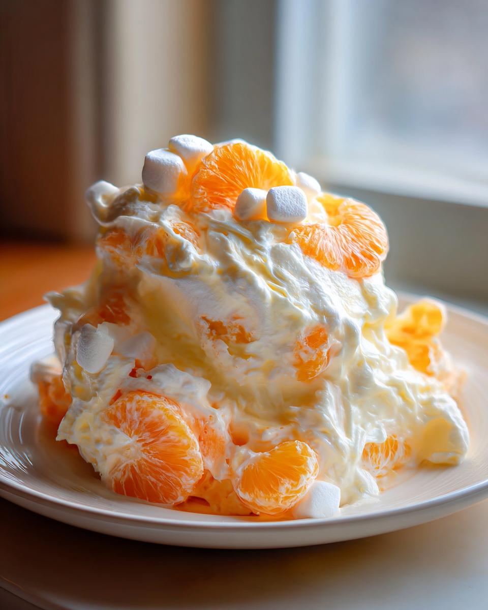 A serving of creamy mandarin orange salad topped with fresh orange segments and mini marshmallows.