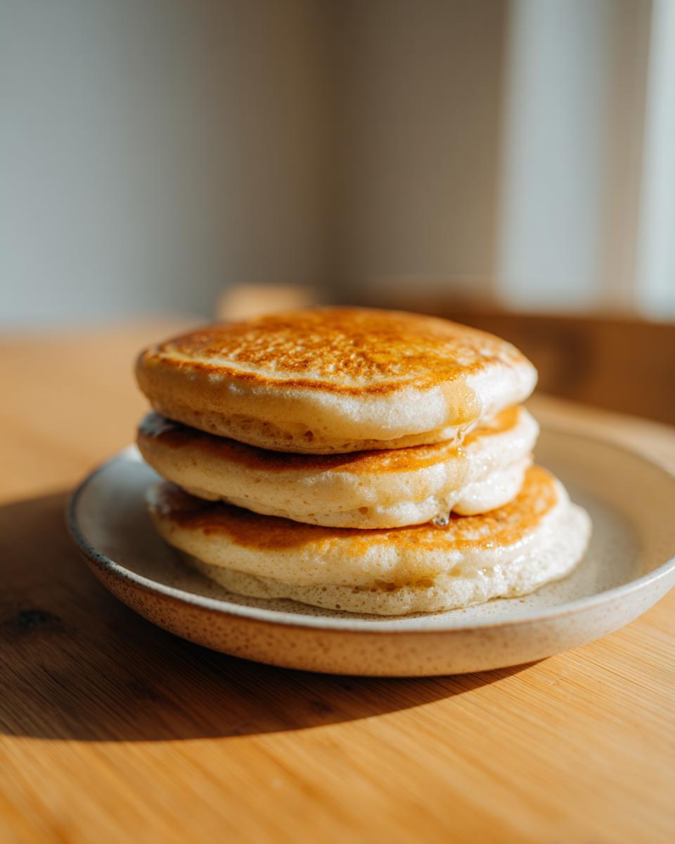 A stack of three fluffy sourdough discard pancakes drizzled with syrup on a light plate.