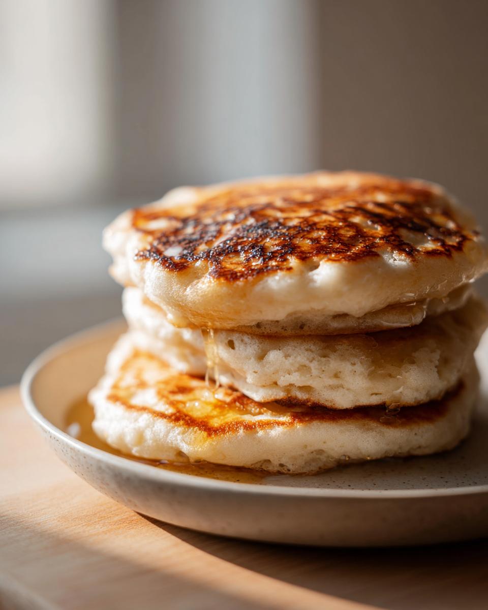 A stack of three fluffy sourdough discard pancakes drizzled with golden syrup, sitting on a speckled plate.