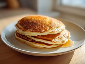 A stack of three fluffy sourdough discard pancakes drizzled with syrup on a light plate.