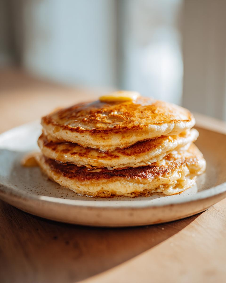 A stack of three fluffy sourdough discard pancakes topped with melting butter and syrup.