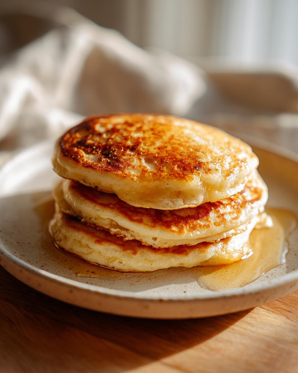 A stack of three fluffy sourdough discard pancakes drizzled with syrup on a speckled plate.