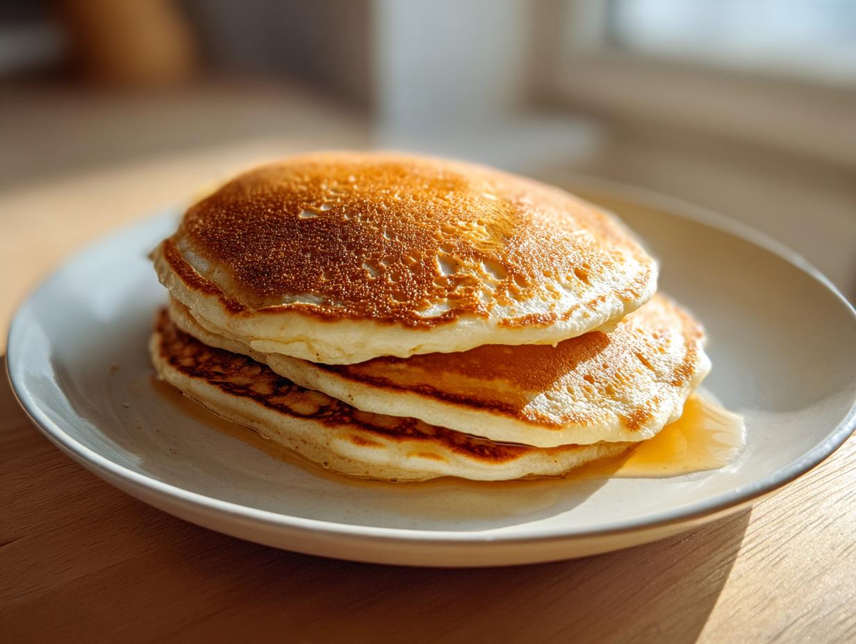 A stack of three fluffy sourdough discard pancakes drizzled with syrup on a light plate.