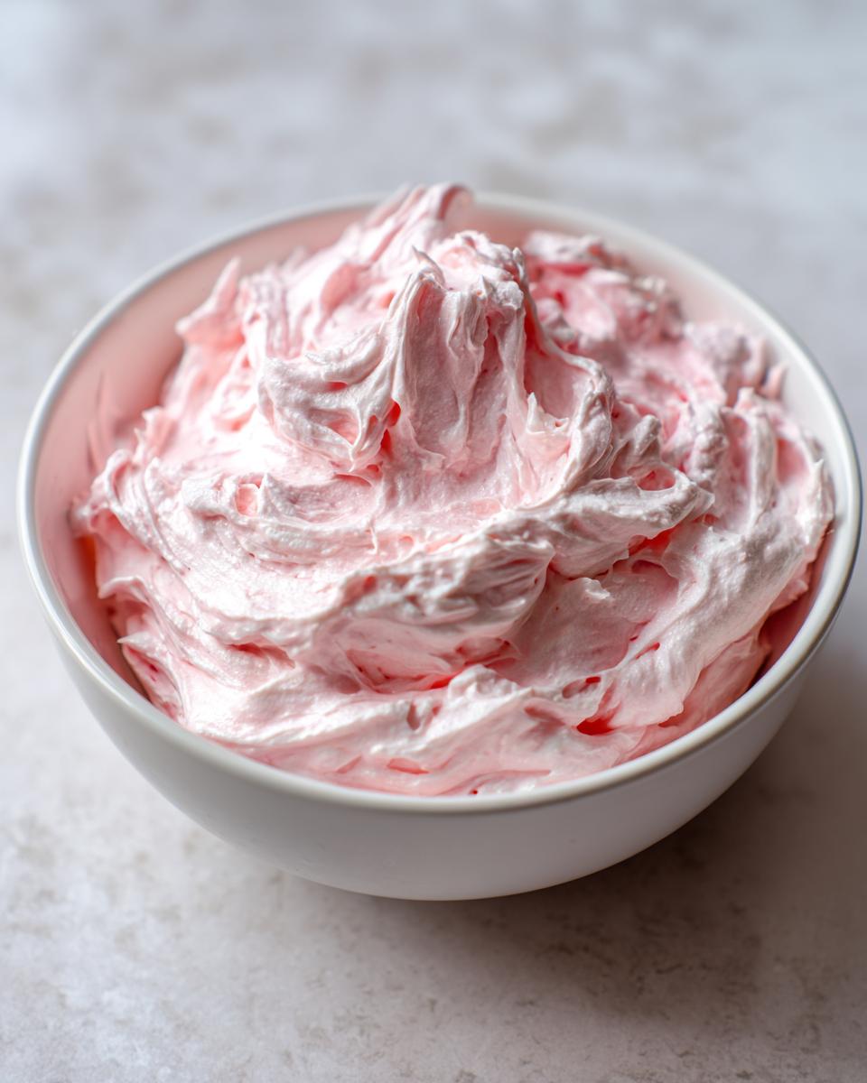 A close-up of fluffy, pink strawberry cheesecake dip swirled high in a white serving bowl.
