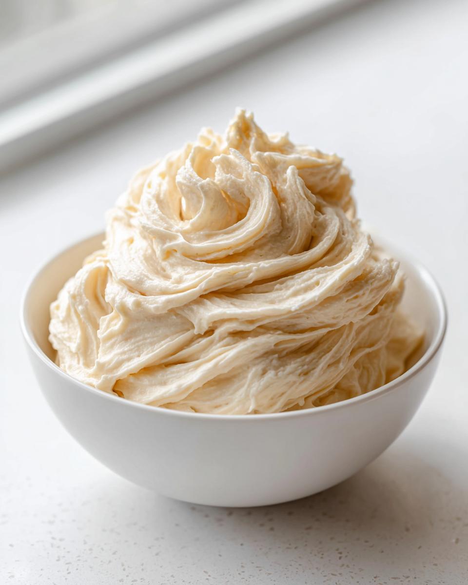 A generous swirl of light yellow vanilla buttercream frosting piled high in a clean white bowl.