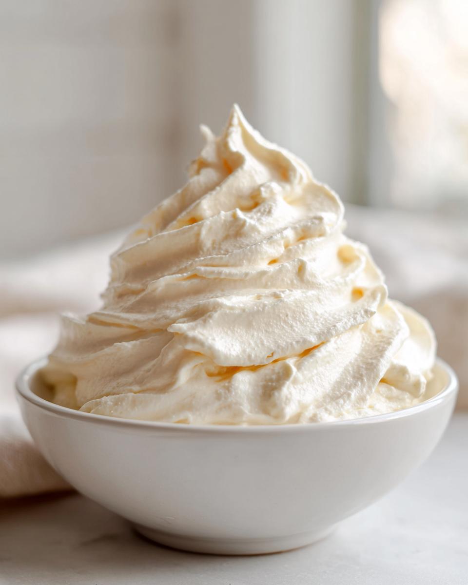 A close-up of perfectly piped, creamy vanilla buttercream piled high in a small white bowl.