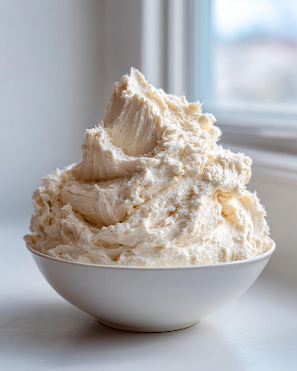 A large mound of freshly whipped, pale yellow vanilla buttercream piled high in a white bowl.