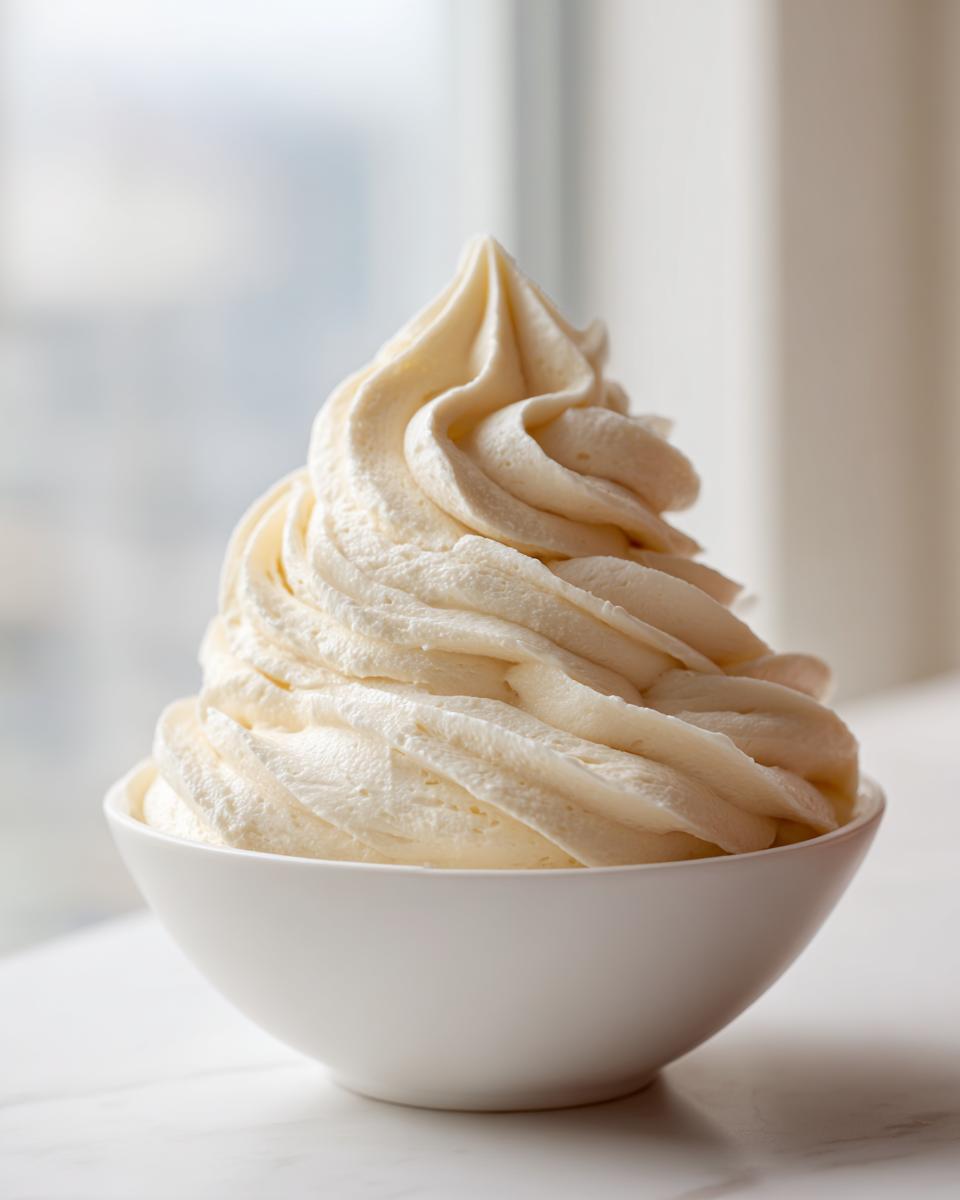 A large swirl of light yellow vanilla buttercream piped high in a small white bowl.