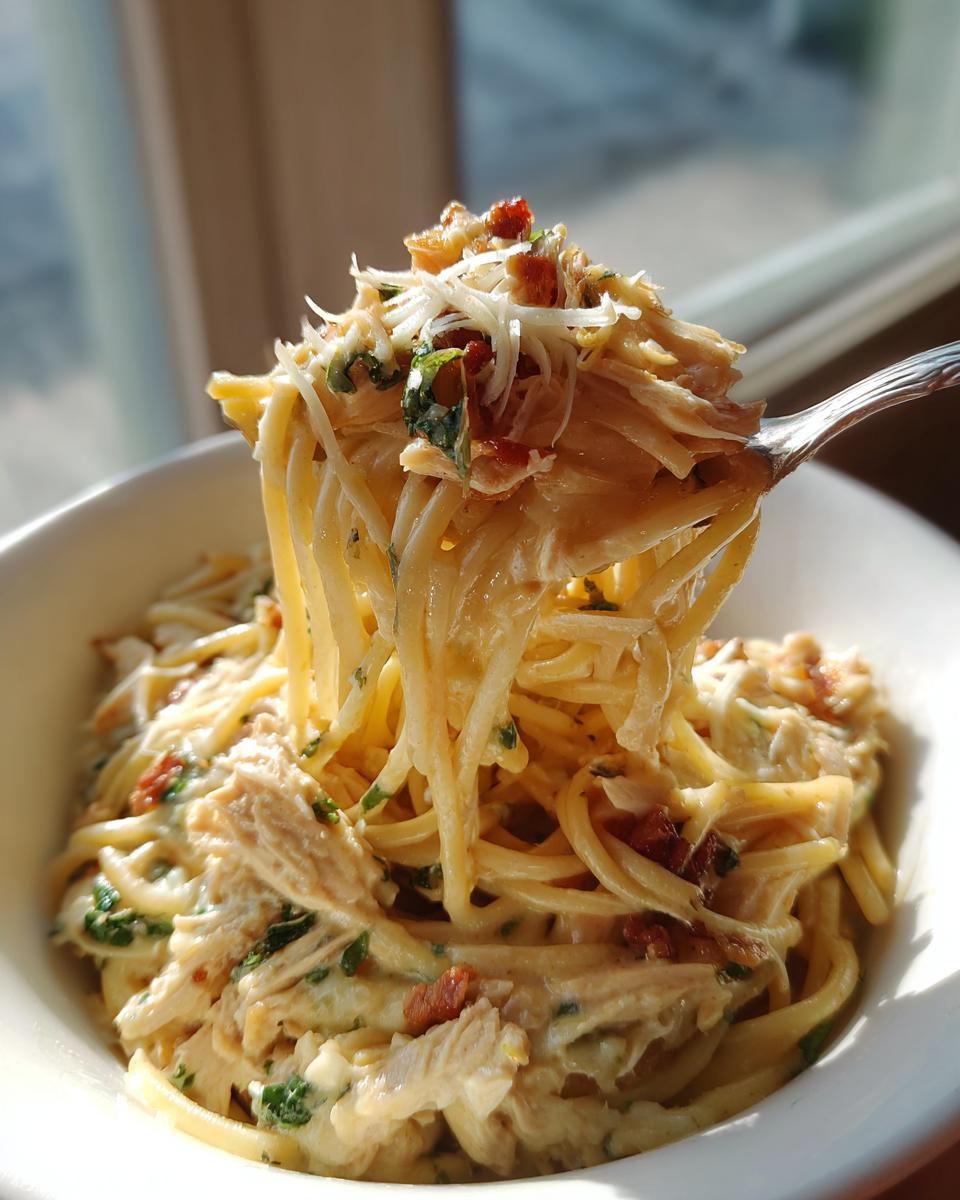A fork lifting a generous portion of creamy Monterey chicken spaghetti topped with cheese and bacon bits.