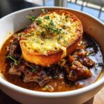 Close-up of rich french onion beef stew topped with a thick, cheesy, toasted bread slice and fresh thyme.