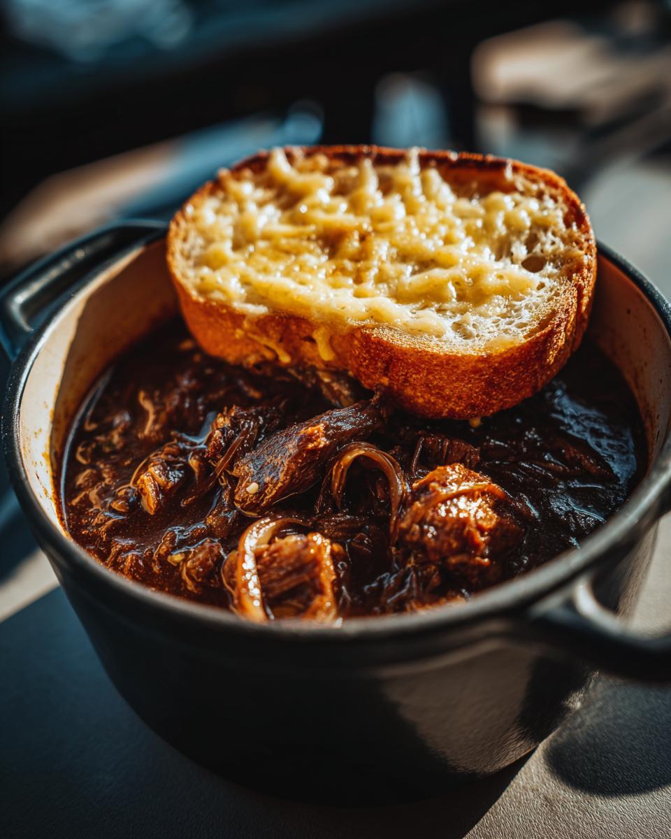 Close-up of a rich french onion beef stew served in a black pot, topped with a slice of bread covered in melted cheese.