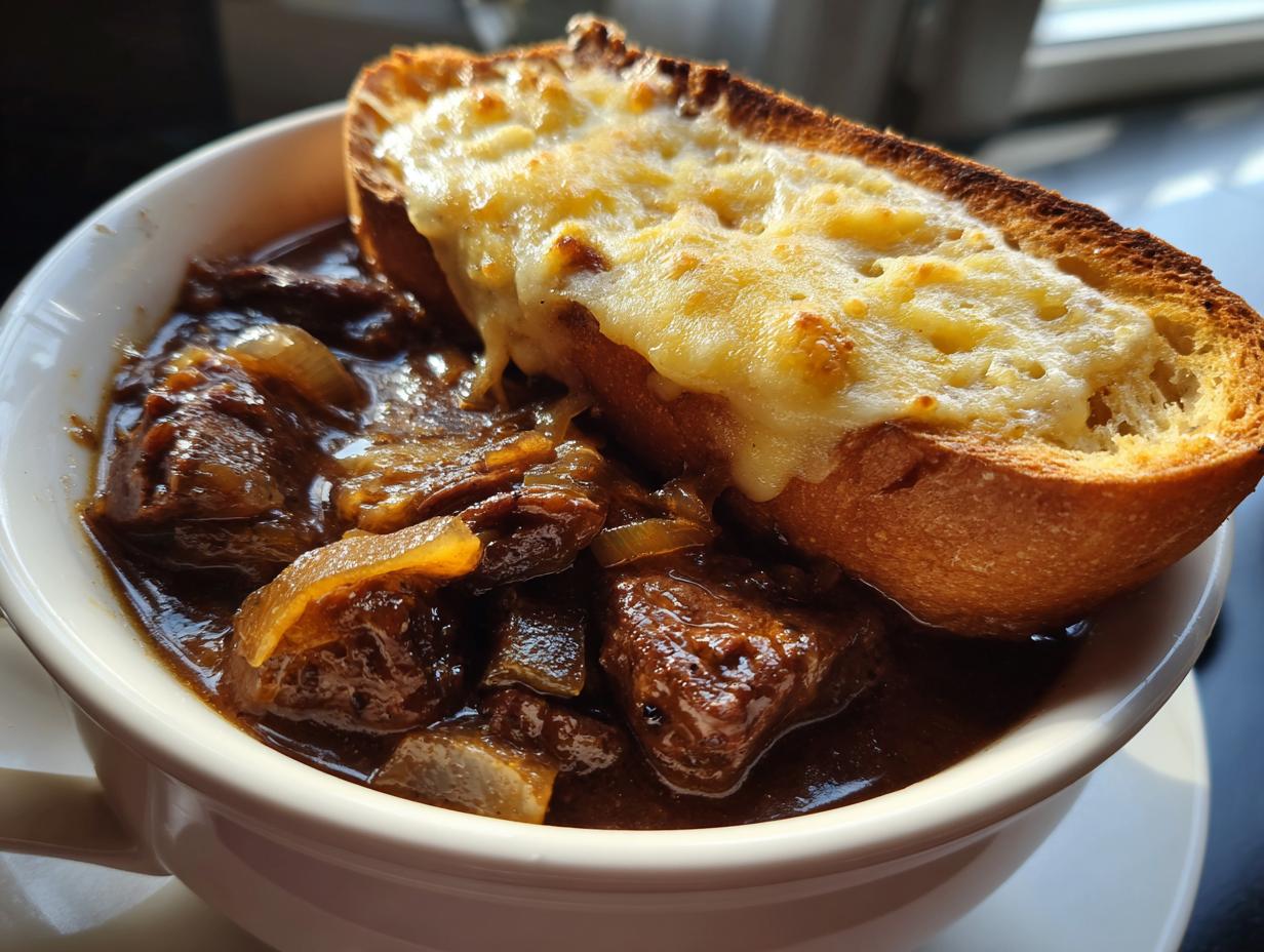Close-up of a bowl of rich french onion beef stew topped with a thick slice of bread covered in melted, browned cheese.