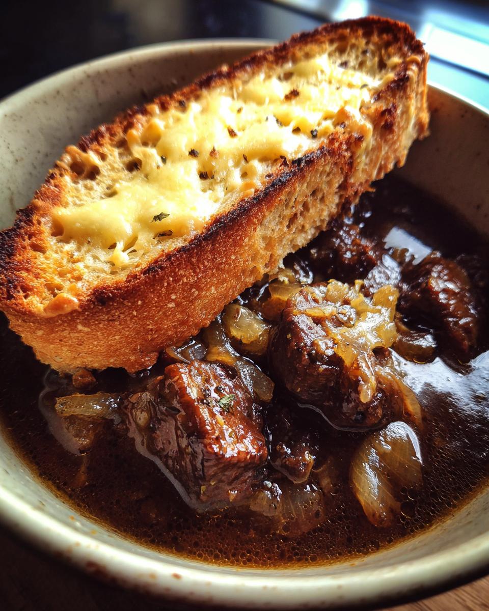 Close-up of rich french onion beef stew with tender beef chunks, onions, and a slice of melted cheese toast.