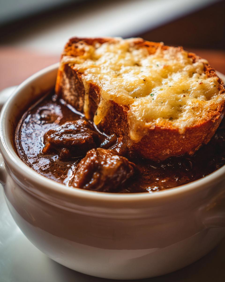 Close-up of rich french onion beef stew topped with a thick slice of toasted bread covered in melted cheese.