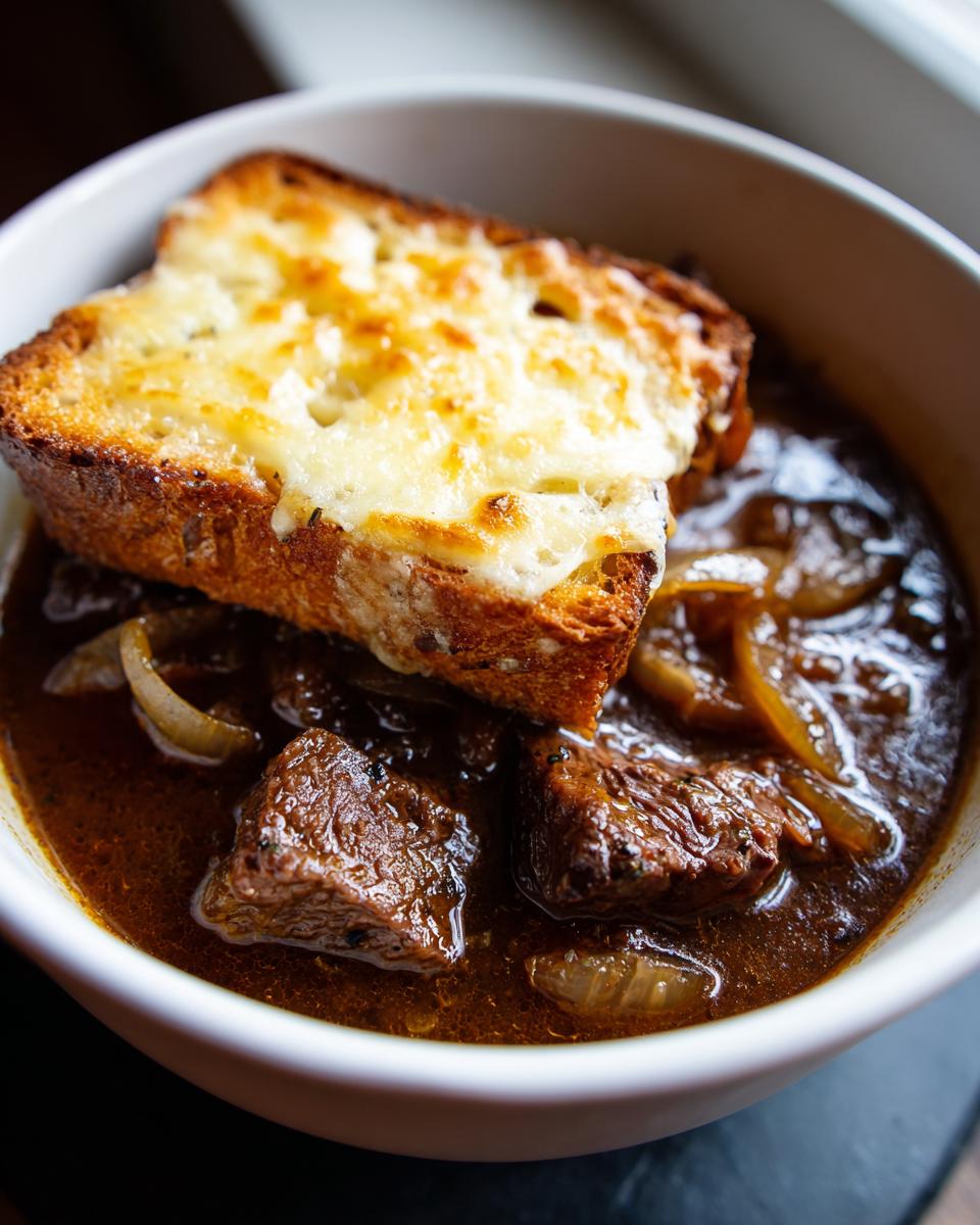 A close-up of a bowl of rich french onion beef stew featuring tender beef chunks and topped with a cheesy, toasted bread slice.