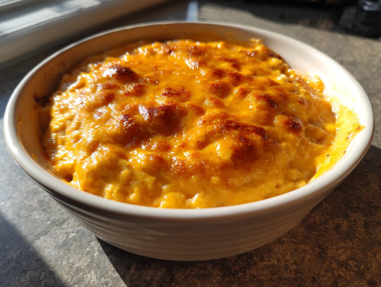 Close-up of a rich, bubbly, and golden-brown baked beer cheese dip served in a white ceramic bowl.