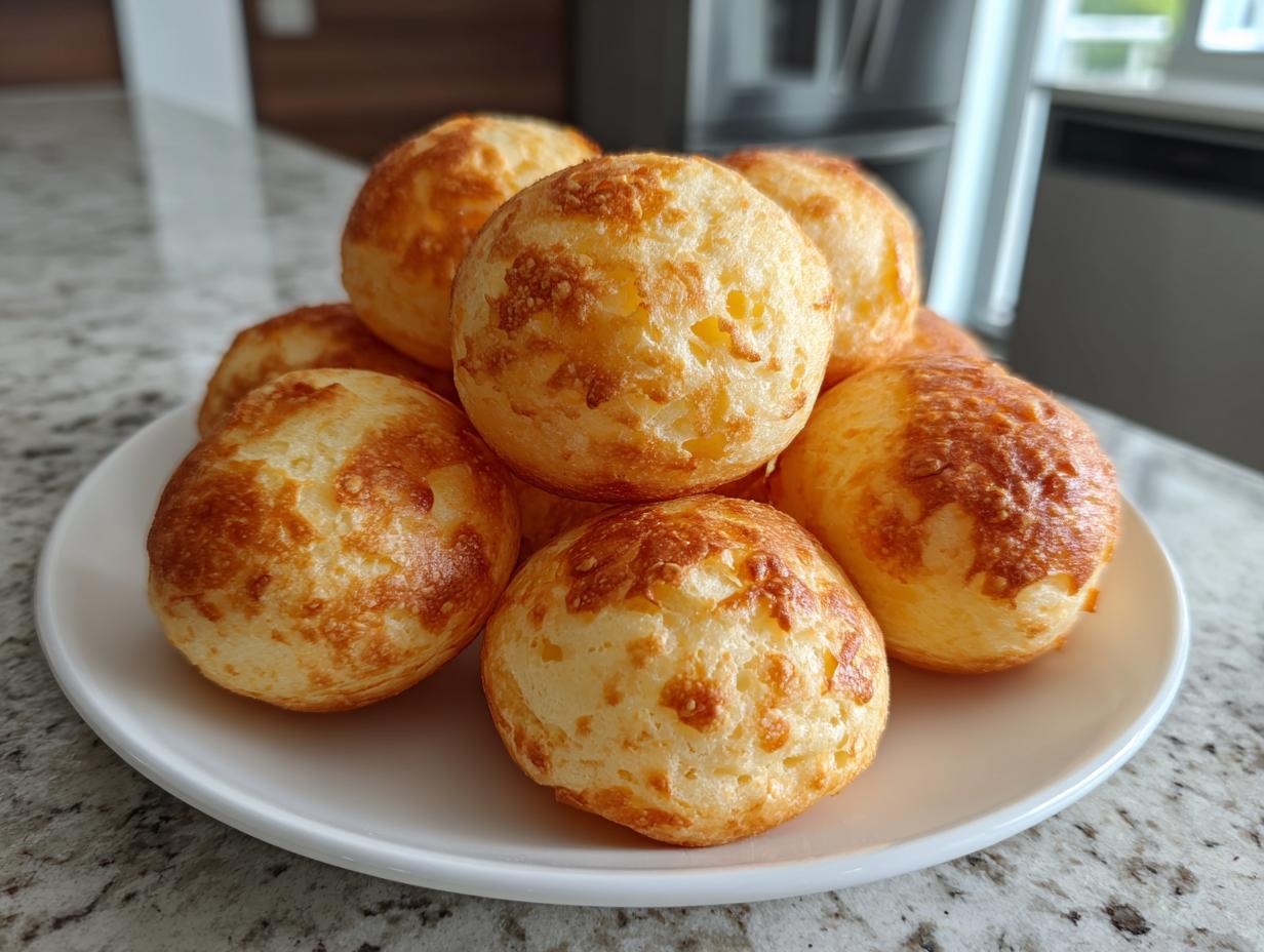 A close-up of several golden-brown, puffy Brazilian cheese bread balls stacked on a white plate.