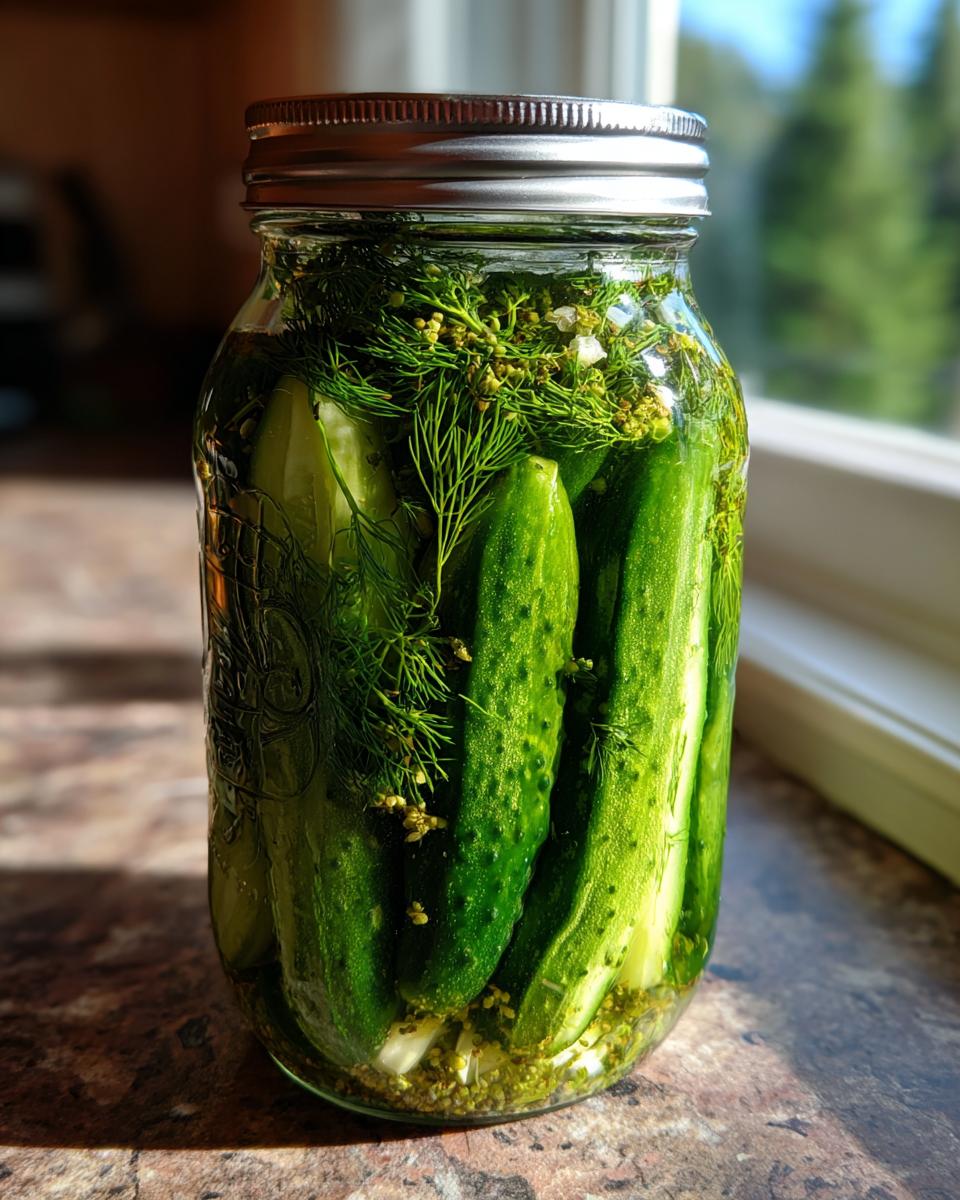 A tall glass jar filled with fresh cucumbers, dill, and spices for making refrigerator pickles.