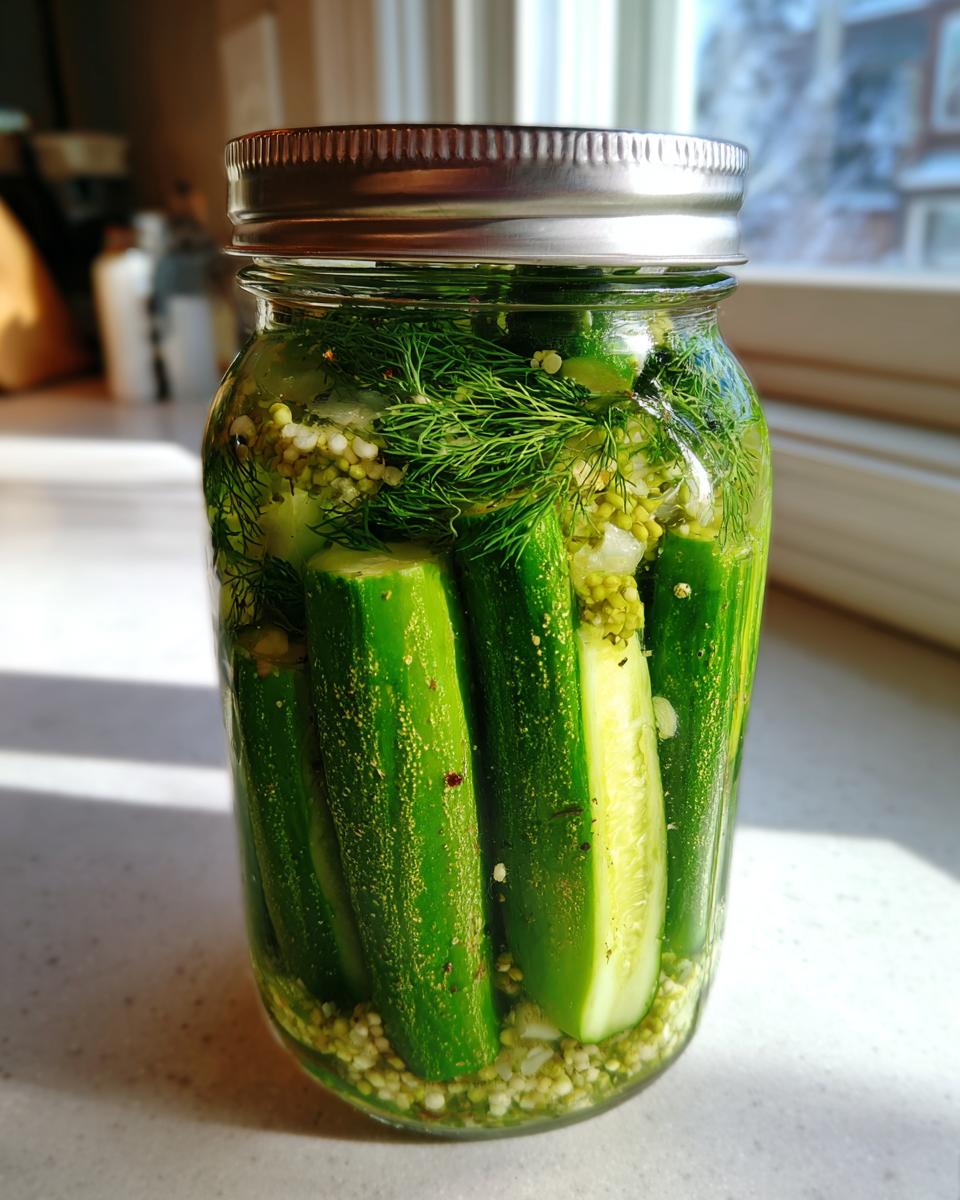A glass jar filled with fresh cucumbers, dill sprigs, and spices ready for making refrigerator pickles.