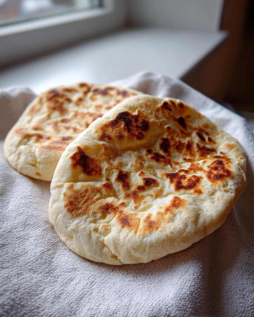 Two freshly cooked, round pita bread pockets with golden-brown charred spots resting on a white textured cloth.
