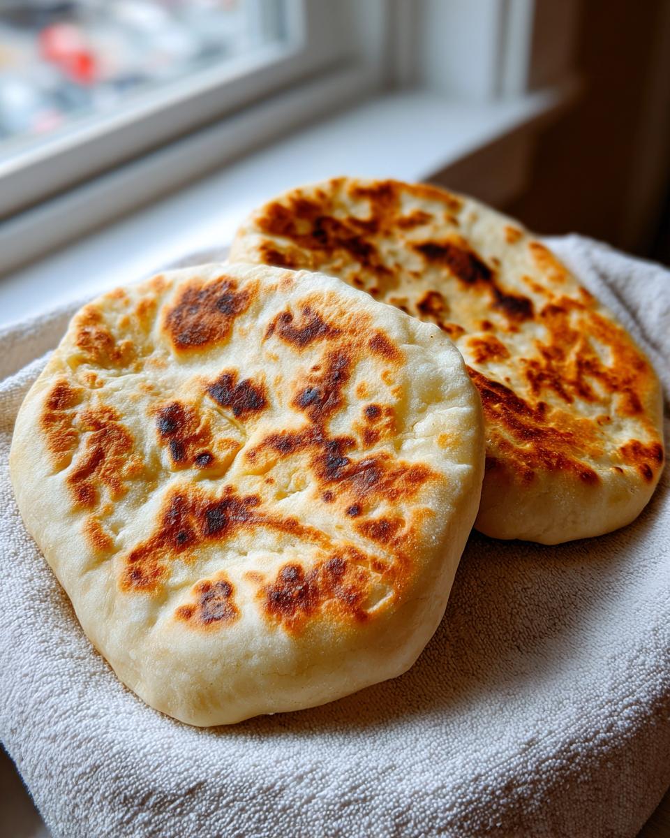 Two freshly cooked, slightly charred pita bread pockets resting on a light-colored cloth near a window.