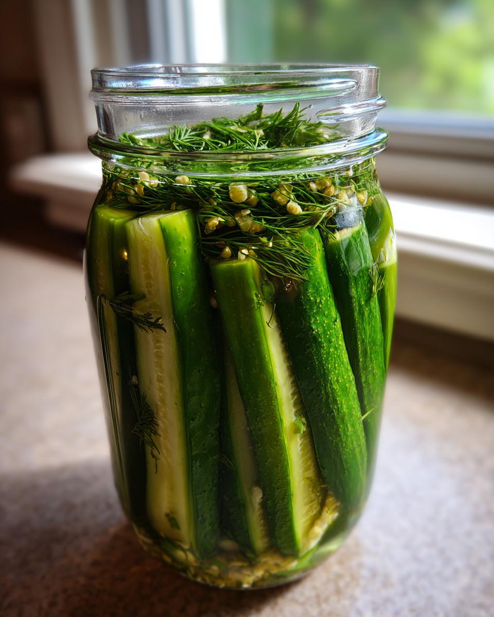 Vertical jar filled with crisp cucumber spears for refrigerator pickles, topped with fresh dill and spices.