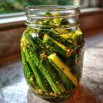 Close-up of crisp cucumber spears being made into refrigerator pickles with dill and spices in a glass jar.