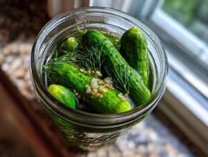 Close-up overhead view of fresh cucumbers being made into refrigerator pickles with dill and garlic in a glass jar.