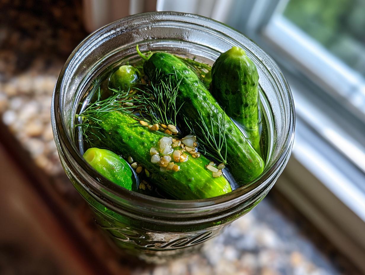 Close-up overhead view of fresh cucumbers being made into refrigerator pickles with dill and garlic in a glass jar.