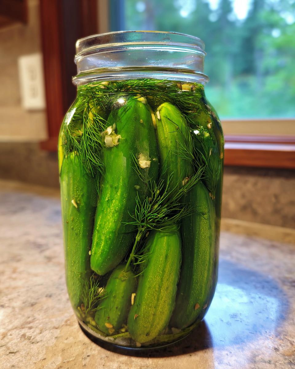 A glass jar filled with fresh cucumbers, dill sprigs, and garlic for making refrigerator pickles.