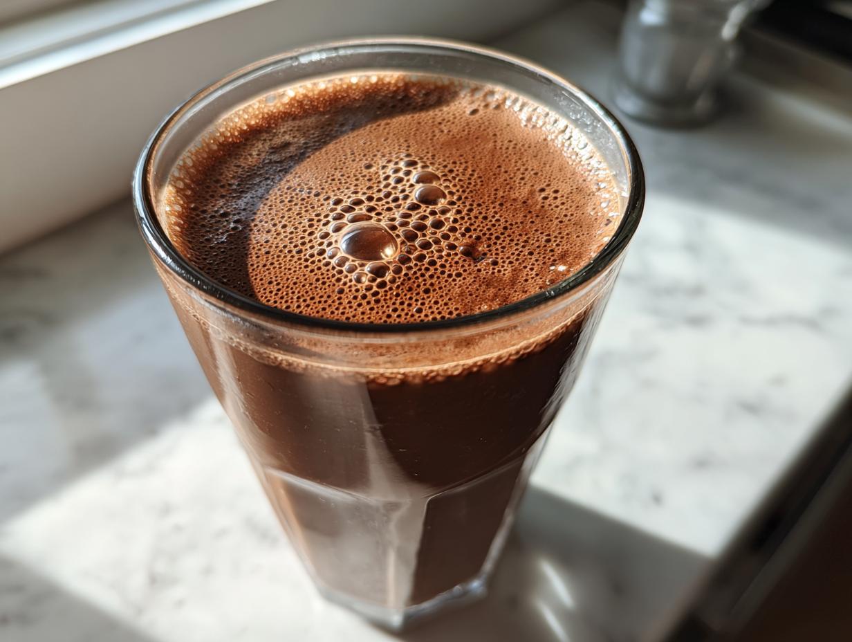 Close-up of a tall glass filled with rich, dark chocolate milk topped with a layer of small brown foam bubbles.