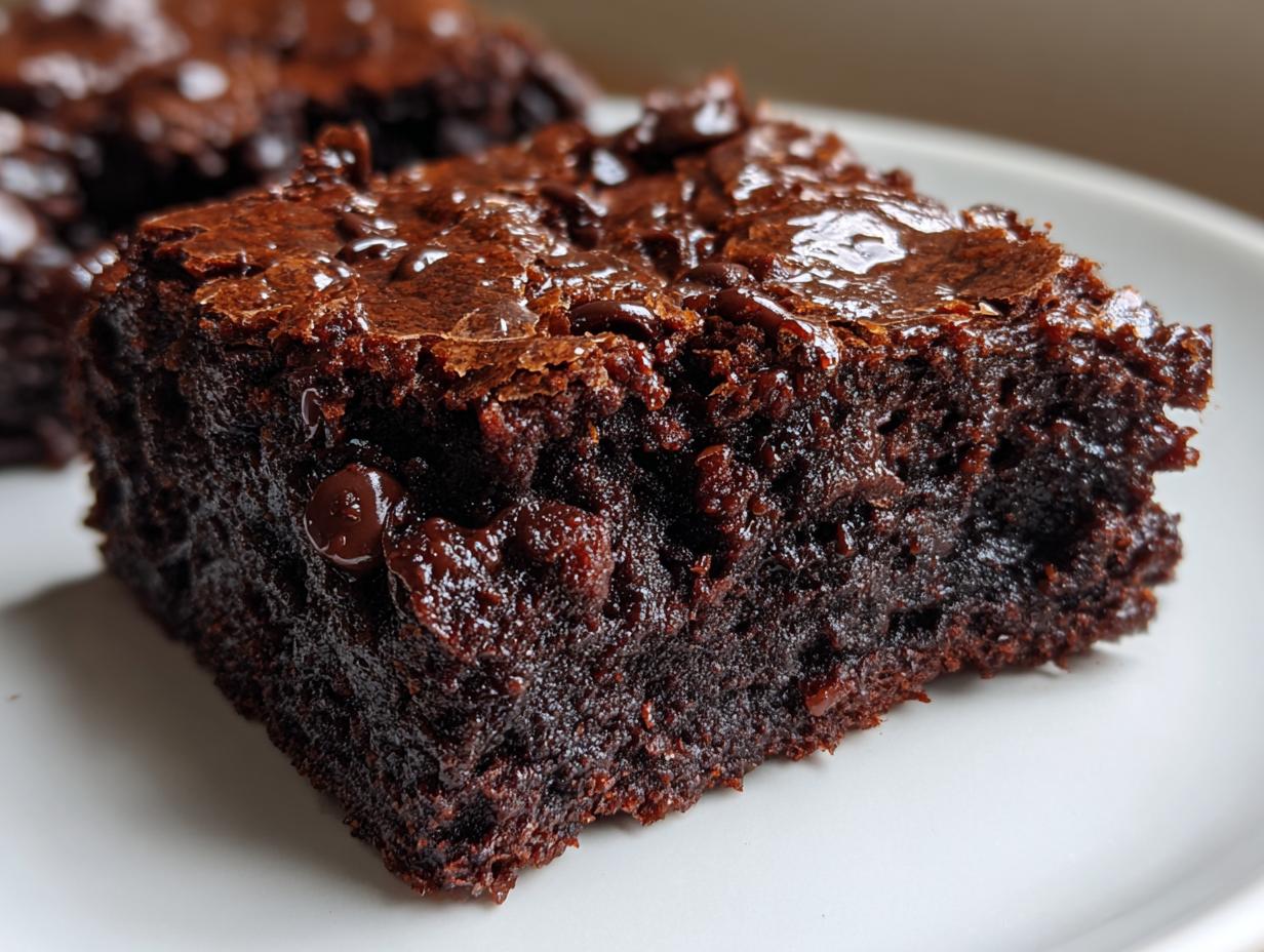 A close-up of a rich, fudgy square of brownies topped with melted chocolate chips on a white plate.