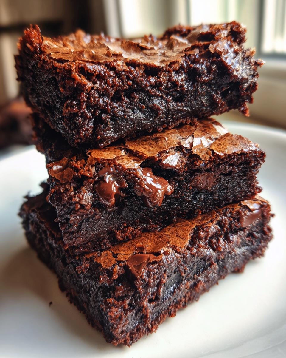 A stack of three incredibly fudgy brownies with shiny, crackly tops and visible chocolate chips.