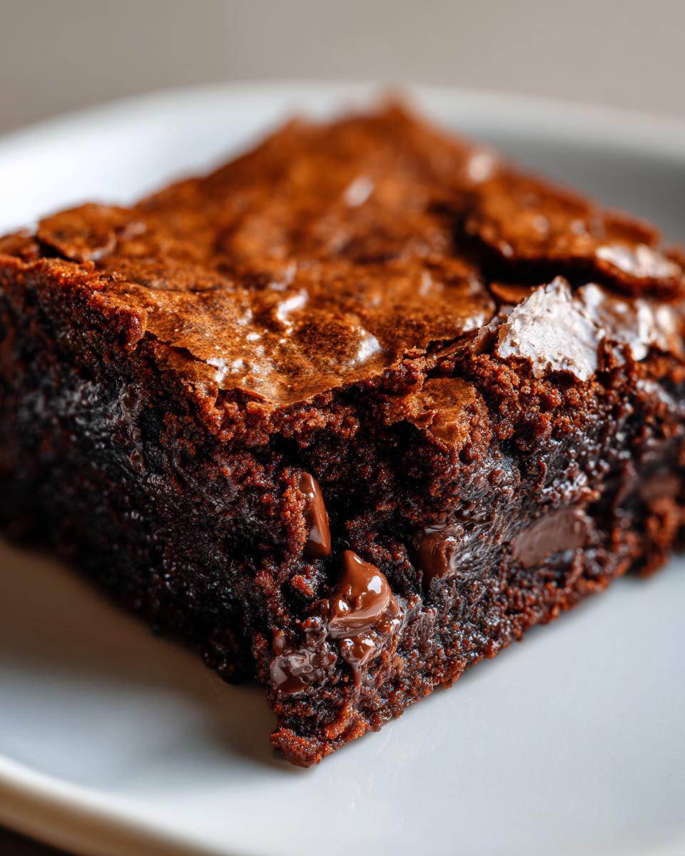 Close-up of a rich, fudgy brownies slice showing a shiny, crackled top and melted chocolate chips inside.