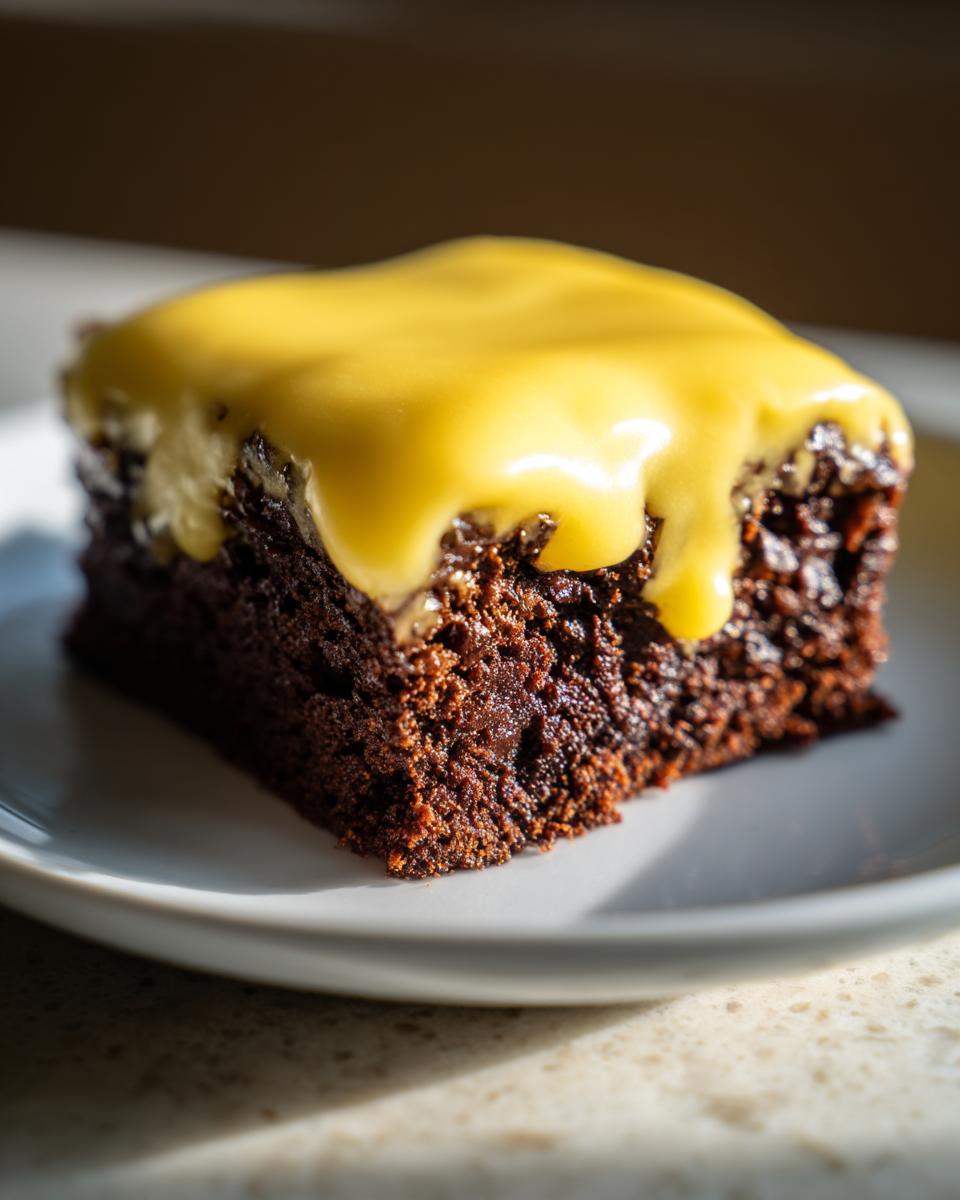 A rich, dark chocolate brownie square topped with a thick, bright yellow lemon glaze, served on a white plate.