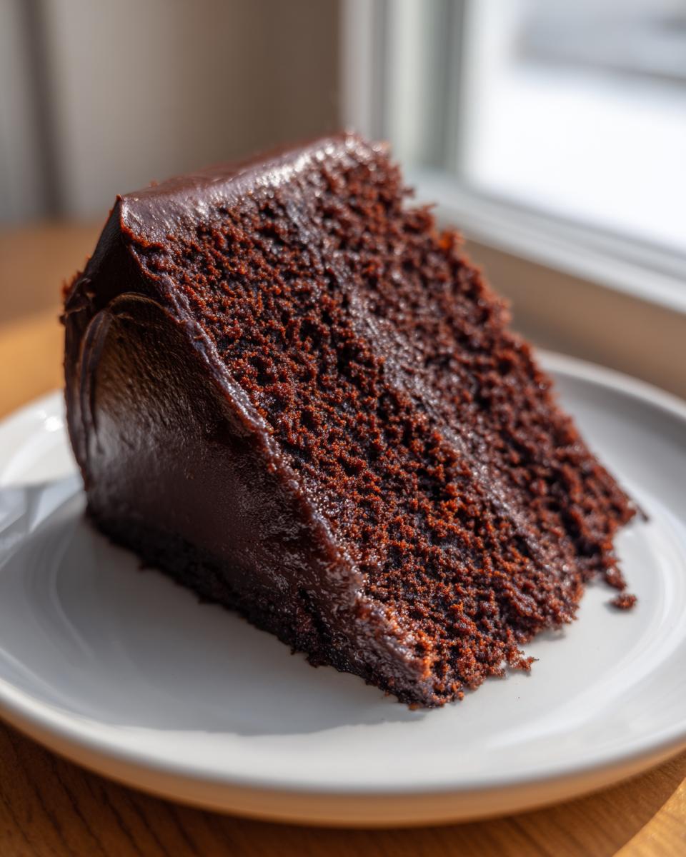 A rich, dark slice of moist chocolate cake covered in thick, glossy chocolate frosting, sitting on a white plate.