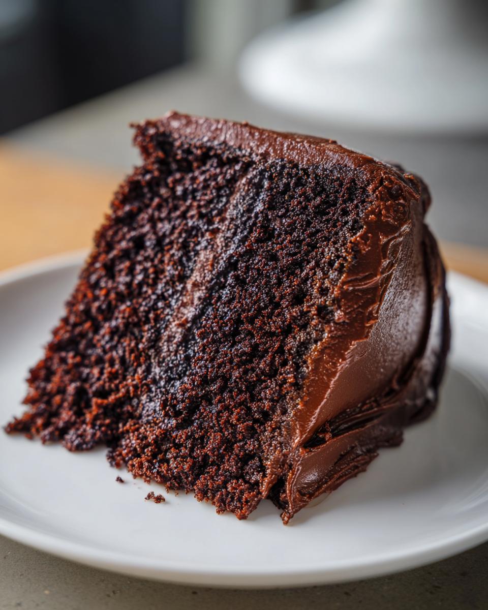 Close-up of a rich, dark slice of moist chocolate cake covered in thick chocolate frosting on a white plate.