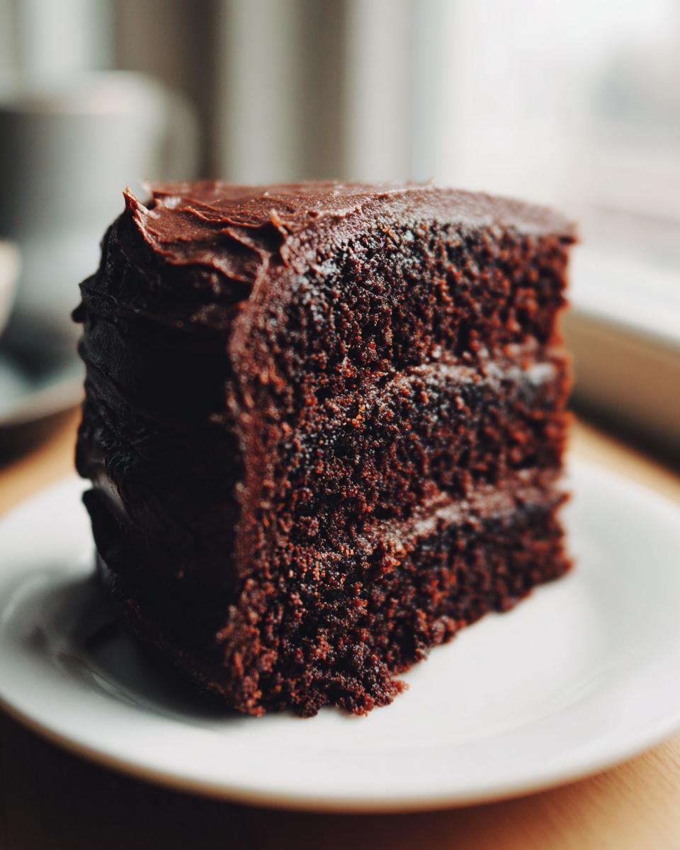 A close-up of a rich, dark slice of moist chocolate cake layered with thick chocolate frosting on a white plate.