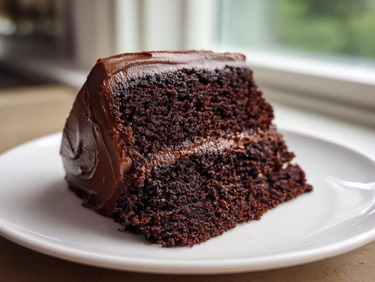 A close-up of a rich, dark slice of moist chocolate cake layered with thick chocolate frosting on a white plate.