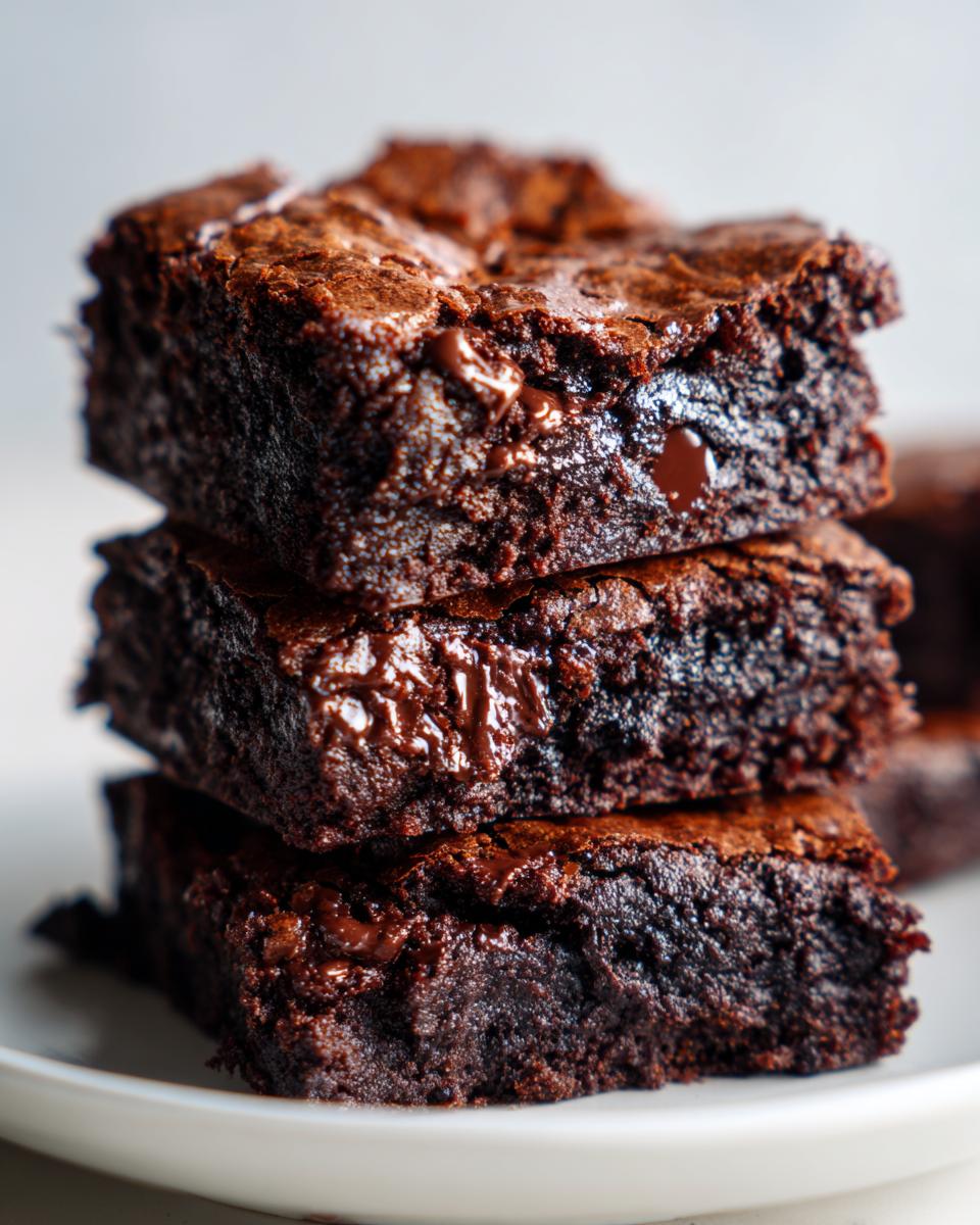 Close-up of three stacked, fudgy brownies showing a shiny, crackly top and melted chocolate chips inside.