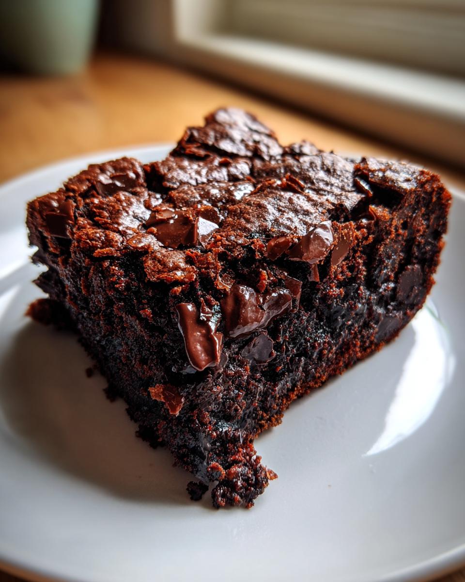 A close-up of a rich, dark slice of sweet potato brownies topped with melted chocolate chips on a white plate.
