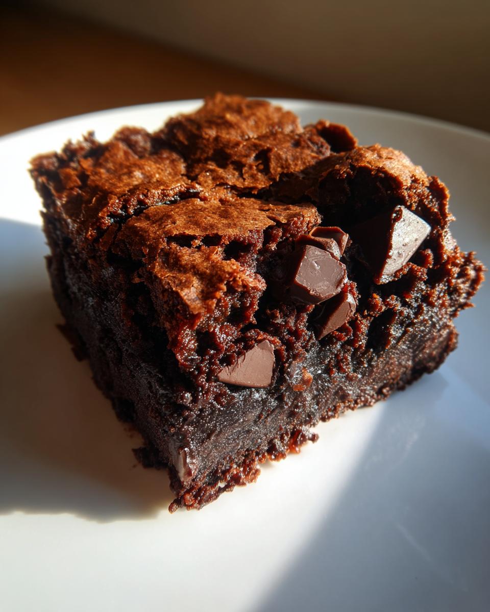 A close-up of a rich, fudgy sweet potato brownies square topped with melted chocolate chunks.