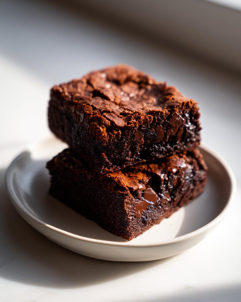 Two rich, fudgy sweet potato brownies stacked on a small white plate, showing melted chocolate chunks.