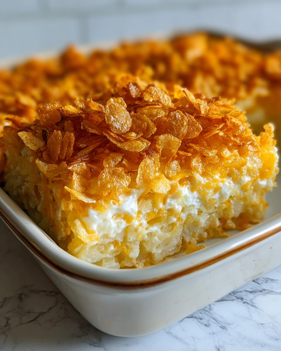 A close-up serving of creamy funeral potatoes recipe topped with a thick layer of crunchy, golden cornflakes.